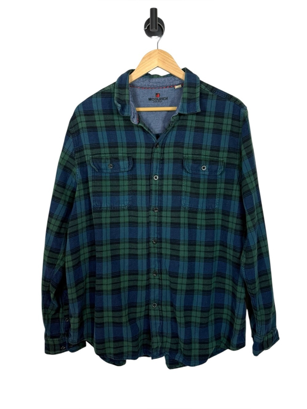 Woolrich Mens XXL Green Blue Plaid Flannel Shirt Cotton Button Front Shirt